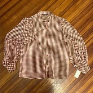 NWT 🌹 Houndstooth Puff Sleeve High Neck Blouse Size S